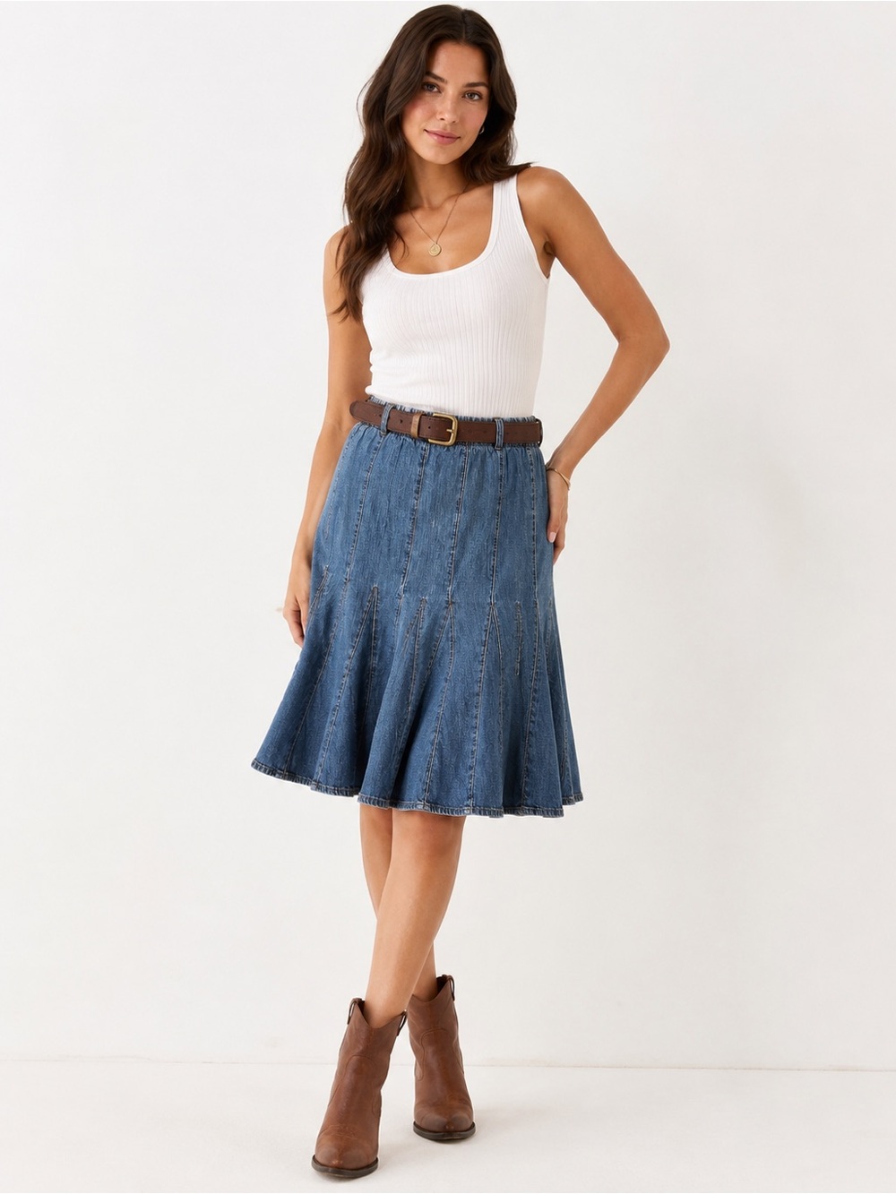Vintage Lauren Jeans Company Ralph Lauren Denim Fluted Midi Skirt Y2K Pull On
